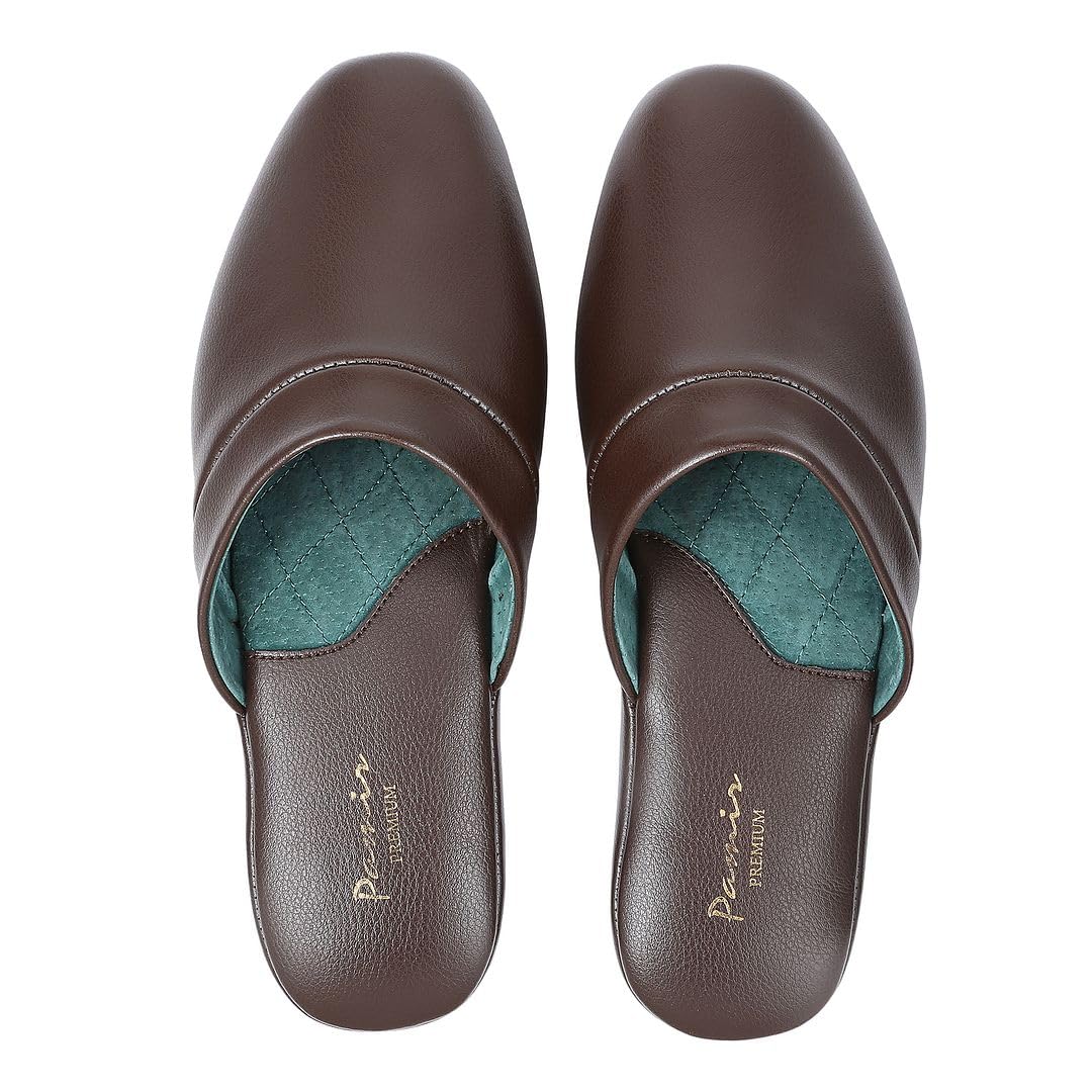 PAMIR メンズ プレミアム テクスチャ レザー ハウス スリッパ 低反発